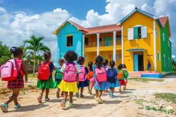A group of children joyfully walking towards a brightly colored school building, each carrying a backpack filled with supplies