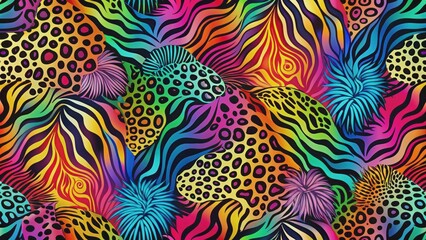 Fototapeta premium Vibrant retro-inspired multicolor abstract background featuring zebra ornament, leopard texture, and groovy patterns in a seamless design.