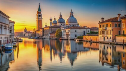 Obraz premium Serene majestic ancient architecture of Venetian church towers rise above tranquil canal waters reflecting soft golden morning light ambiance.