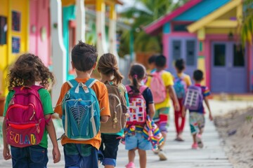 A group of children joyfully walking towards a brightly colored school building, each carrying a backpack filled with supplies