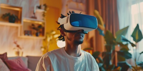 A young Black man immersed in virtual reality glasses, exploring the latest in technology and digital experiences