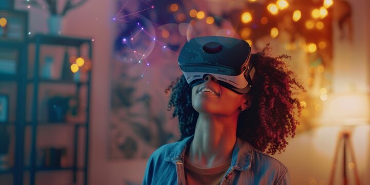 A creative female wears a virtual reality headset at home. She enters an empty digital internet studio space for designers