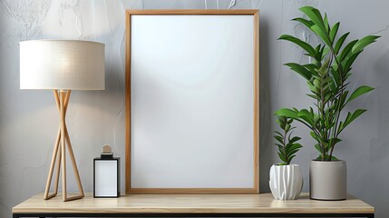 Modern minimalist interior design with a wooden frame poster, stylish lamp, and green plants on a light-colored table.