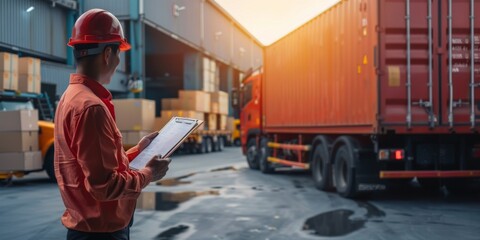 A field supervisor reviews the shipping fleet regulation checklist in the warehouse, with logistics trucks in the background, ensuring all operations adhere to compliance standards
