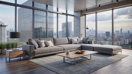 Luxurious modern living room with sleek low-profile gray sofa, minimalist coffee table, and floor-to-ceiling windows overlooking cityscape.