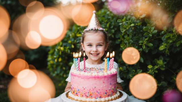 Bambina sorride felice durante la festa per il suo compleanno dietro una torta rosa con le candeline