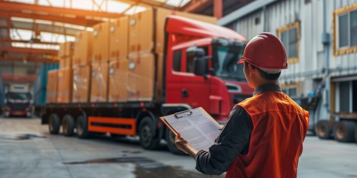 A field supervisor is checking the shipping fleet regulation checklist in the warehouse, surrounded by logistics trucks, ensuring compliance and efficient operations