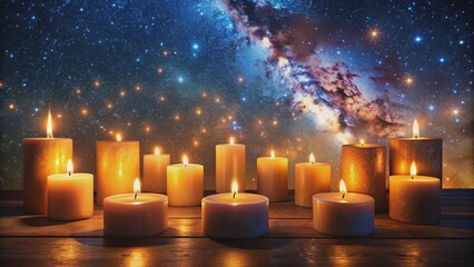 Hundreds of candles shine brightly against a dark night sky, casting a warm glow on a serene and peaceful atmosphere.