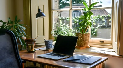 Home Office Workspace with Laptop and Window View