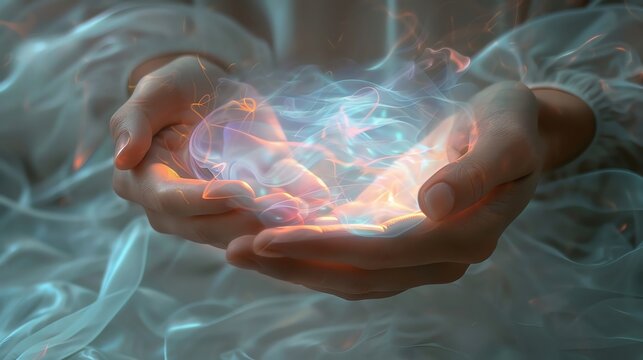 Mystical hands holding glowing magical energy, ethereal and enchanting scene with soft light and vibrant colors.