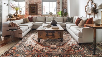 A living room with a balance of sleek modern furniture and antique accents