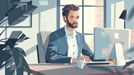 Naklejka premium A digital illustration of a man working on a computer, wearing a blue blazer and white shirt, seated at a desk with a cup of coffee