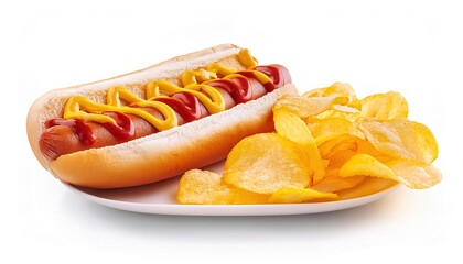 hotdog or hot dog is a dish consisting of a grilled, steamed, or boiled sausage served in the slit of a half sliced bun served with potato chips, ketchup and mustard.  isolated on white background