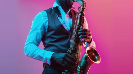 Fototapeta premium The saxophone player in a vest
