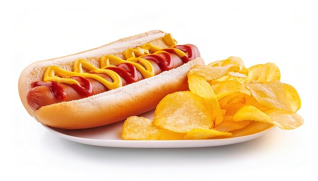 hotdog or hot dog is a dish consisting of a grilled, steamed, or boiled sausage served in the slit of a half sliced bun served with potato chips, ketchup and mustard.  isolated on white background - Powered by Adobe