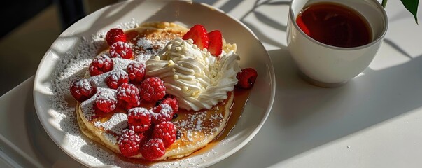 A delicious plate of pancakes topped with fresh raspberries, whipped cream, and powdered sugar, served with a hot cup of tea.