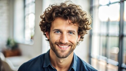 Obraz premium A man with short, curly hair, styled with a light hold gel, smiling confidently at the camera in a bright, airy room.