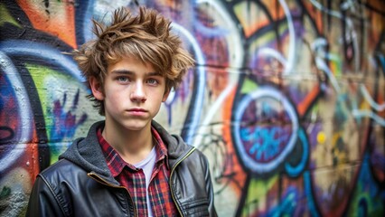 A teenage boy with a messy, textured haircut, wearing casual clothes, standing in front of a graffiti-covered wall, exuding a rebellious vibe.