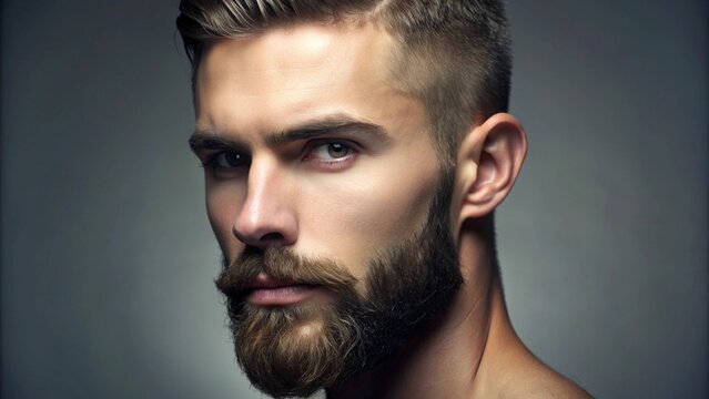 A close-up of a man with a neatly trimmed beard and mustache, his short hair styled in a classic taper fade, set against a minimalist, studio backdrop.