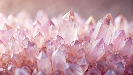 Obraz premium Close-up background of pale pink crystals, crystals,pale pink, close-up, background, natural, gemstones, shiny, reflective