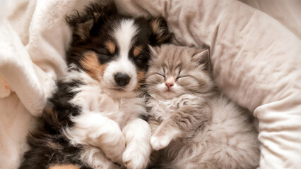 Border Collie puppy and a soft Turkish Angora kitten Sleeping Together: Pet Photography, dog and cat lying  on a plush blanket in a photo studio.