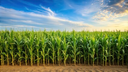 Obraz premium Corn cobs standing tall in a vast corn plantation field, agriculture, farming, crops
