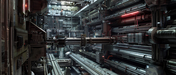 Fototapeta premium An intricate and futuristic mechanical interior with numerous pipes, cables, and blinking lights in a possible sci-fi setting.