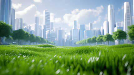Fototapeta premium Futuristic ecology city skyline with a vast lawn like a soft carpet