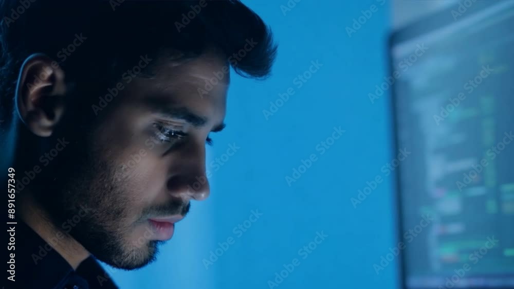 Aufkleber A man is staring at a computer screen with a blue background. He is focused on the screen and he is working on a project