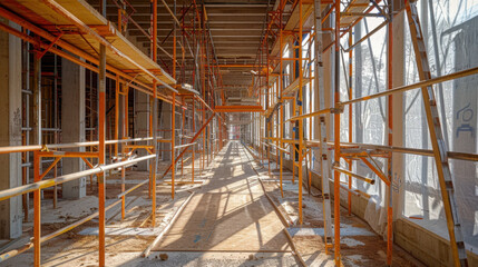 Obraz premium Interior view of construction scaffolding in a building under construction, showing structural framework and progress.