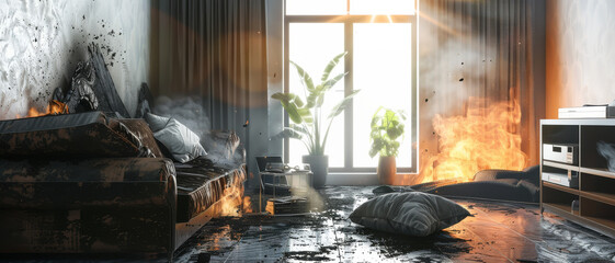 Flames and destruction consume a modern living room, with smoke swirling and sunlight filtering through amidst the chaos of a fire's aftermath.