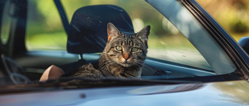 A cat with green eyes sits in the driver's seat of a car, peering quizzically through the windshield with a background of blurred greenery.