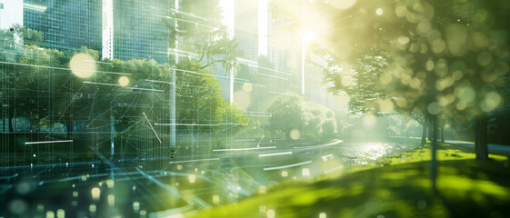 Green urban landscape blending nature and futuristic city elements, with a serene park scene enhanced by digital, neon accents conveying a harmonious future.