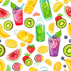 Seamless pattern of colorful tropical fruits such as kiwi, mango, and various beverages on a white background 3