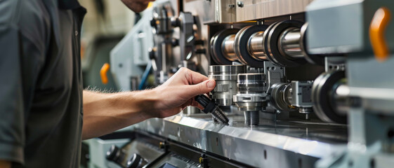 A worker's hand expertly handles a part on complex machinery in a modern factory environment.