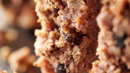 Close-up of a savory, textured minced meat dish with herbs and spices, showcasing intricate details and rich colors.