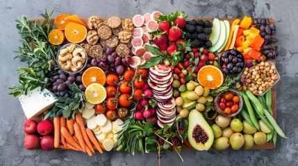 Vibrant Vegan Charcuterie Board with Colorful Fruits, Nuts, Veggies, and Dairy-Free Cheeses for...