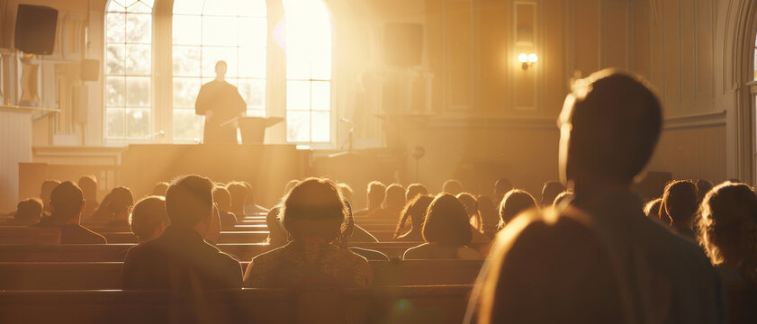 Sunlight fills a church as a pastor speaks at a podium, capturing the serene moment with an ethereal glow enveloping the congregants in silent reverence.