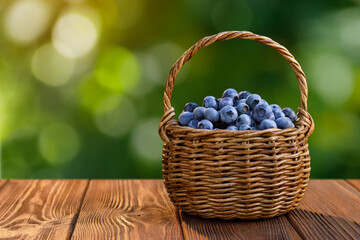ripe blueberries in wicker basket on wooden table outdoors
