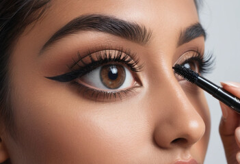 Naklejka premium South Asian influencer applies mascara with natural light. 