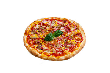 Tasty pizza chicken BBQ. Pizza with chicken and barbeque sauce isolated on white