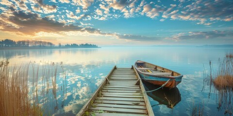 Fototapeta premium A serene landscape with a wooden rowboat gently moored on crystal-clear lake waters, surrounded by lush, vibrant greenery, and kissed by the golden rays of the sun