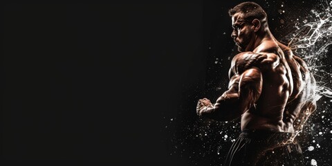 Black and white photorealistic studio portrait of a muscular bodybuilder on black background