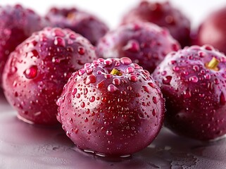 a group of plums with water droplets on them.
