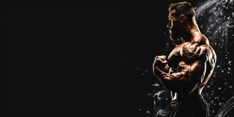 Bodybuilding fitness banner with muscular bodybuilder flexing muscles posing on black background