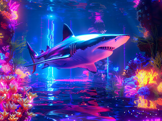 Obraz premium Futuristic shark in neon-lit ocean, holographic coral reefs, sci-fi style, digital art, vibrant colors