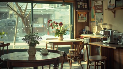 Coffee shop background. Cup of coffee on table in cafe. High quality AI generated image