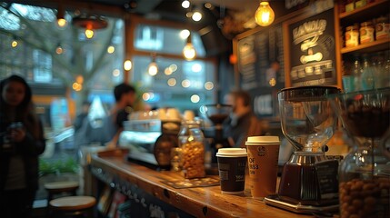 Fototapeta premium Coffee shop worker. Barista, wearing apron, working at counter, brewing filter coffee, managing cafe shop. High quality AI generated image
