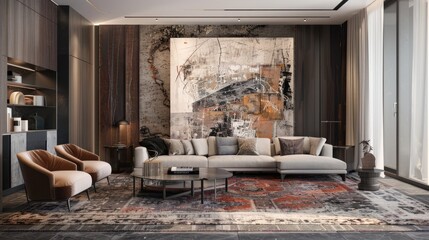 A sophisticated living room with a blend of modern and traditional furniture