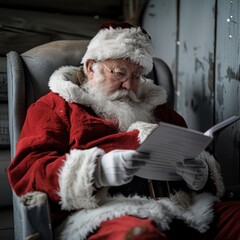 Obraz premium 44. Santa Claus checking his list in a cozy decorated room, charming and heartwarming, Christmas Day, Santa Workshop
